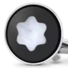 Boutons de manchette ronds en acier inoxydable avec incrustation en PVD noir et emblème en nacre représentant un sommet enneigé