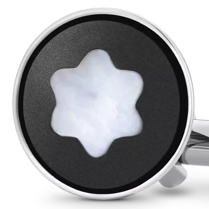 Boutons de manchette ronds en acier inoxydable avec incrustation en PVD noir et emblème en nacre représentant un sommet enneigé