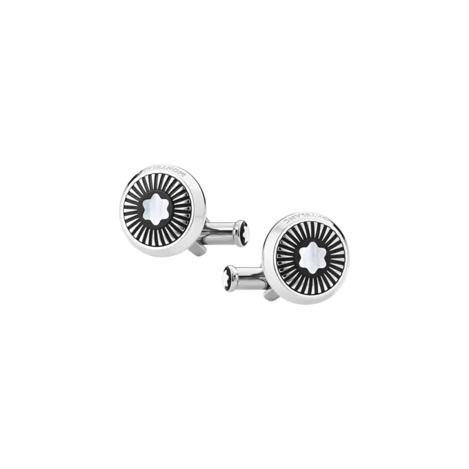 Boutons de manchette ronds en acier inoxydable avec motif rayons et emblème en nacre représentant un sommet enneigé