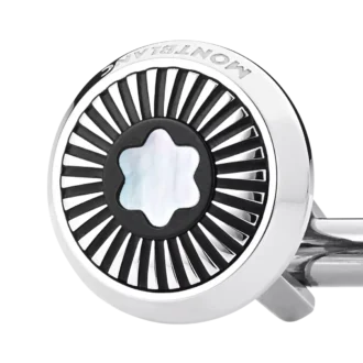 Boutons de manchette ronds en acier inoxydable avec motif rayons et emblème en nacre représentant un sommet enneigé