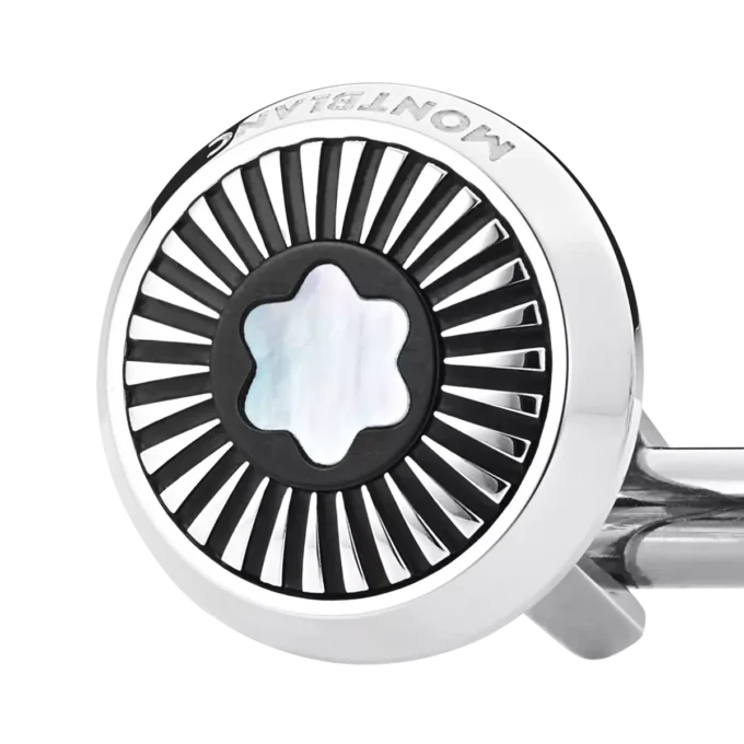 Boutons de manchette ronds en acier inoxydable avec motif rayons et emblème en nacre représentant un sommet enneigé