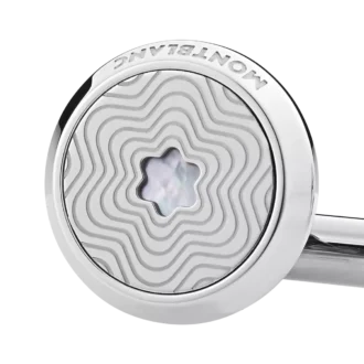 Boutons de manchette ronds en acier inoxydable avec motif étoile éclatante et emblème en nacre représentant un sommet enneigé