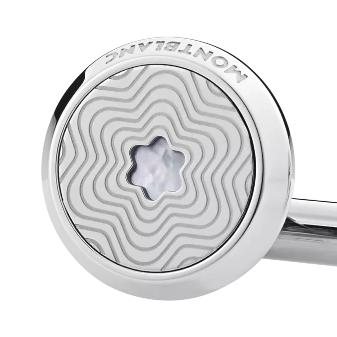 Boutons de manchette ronds en acier inoxydable avec motif étoile éclatante et emblème en nacre représentant un sommet enneigé