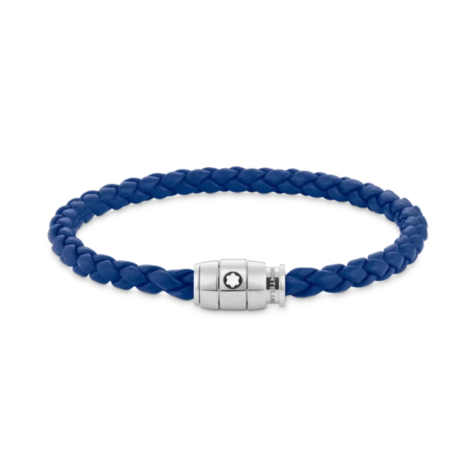 Bracelet en acier à 3 anneaux et cuir bleu