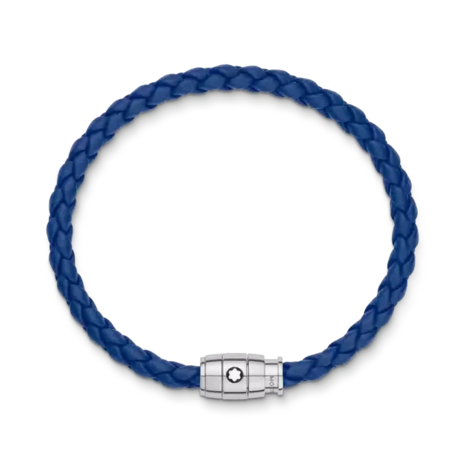 Bracelet en acier à 3 anneaux et cuir bleu