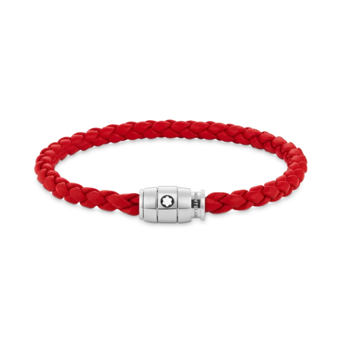 Bracelet en acier à 3 anneaux et cuir rouge