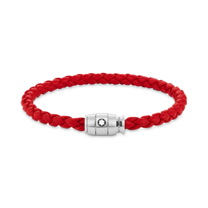 Bracelet en acier à 3 anneaux et cuir rouge