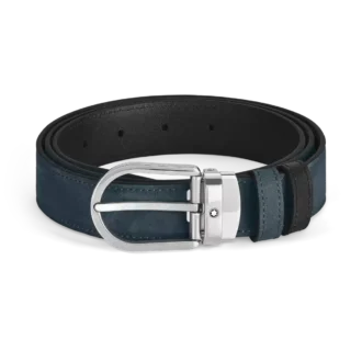Ceinture réversible en cuir bleu velours/noir 30 mm avec boucle en fer à cheval