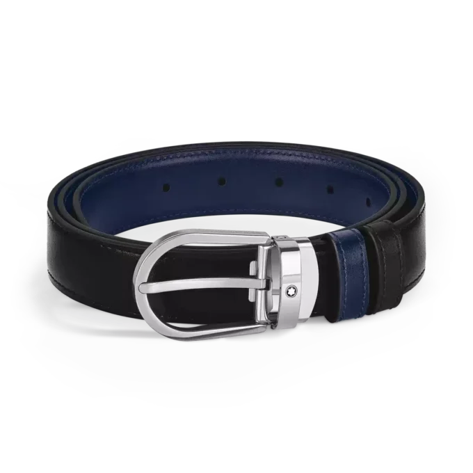 Ceinture réversible en cuir noir/bleu encre 30 mm avec boucle en fer à cheval